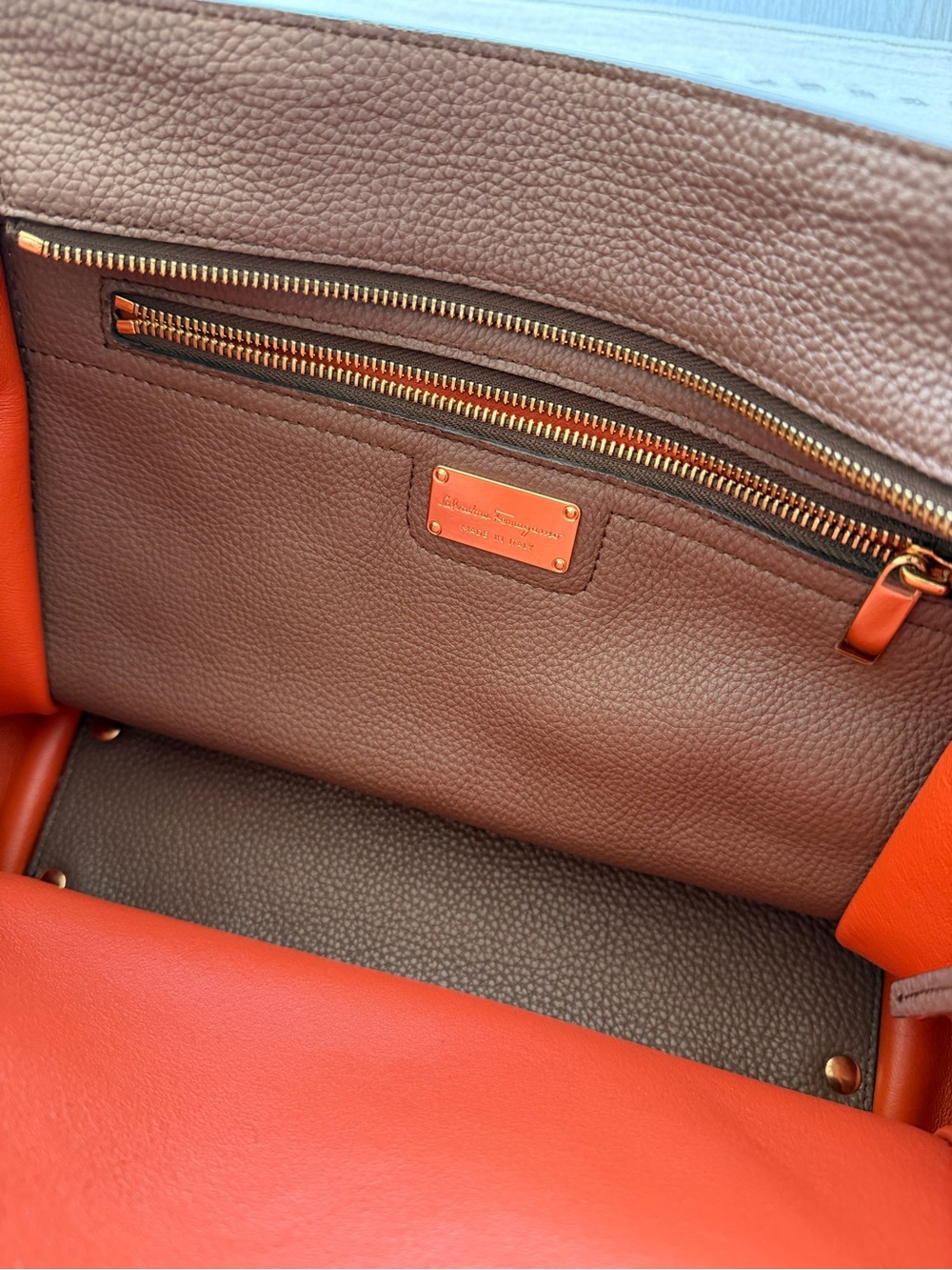 Salvatore Ferragamo Amy Leather Tote Bag Taupe Brown Orange Made in Italy - Picture 8 of 14